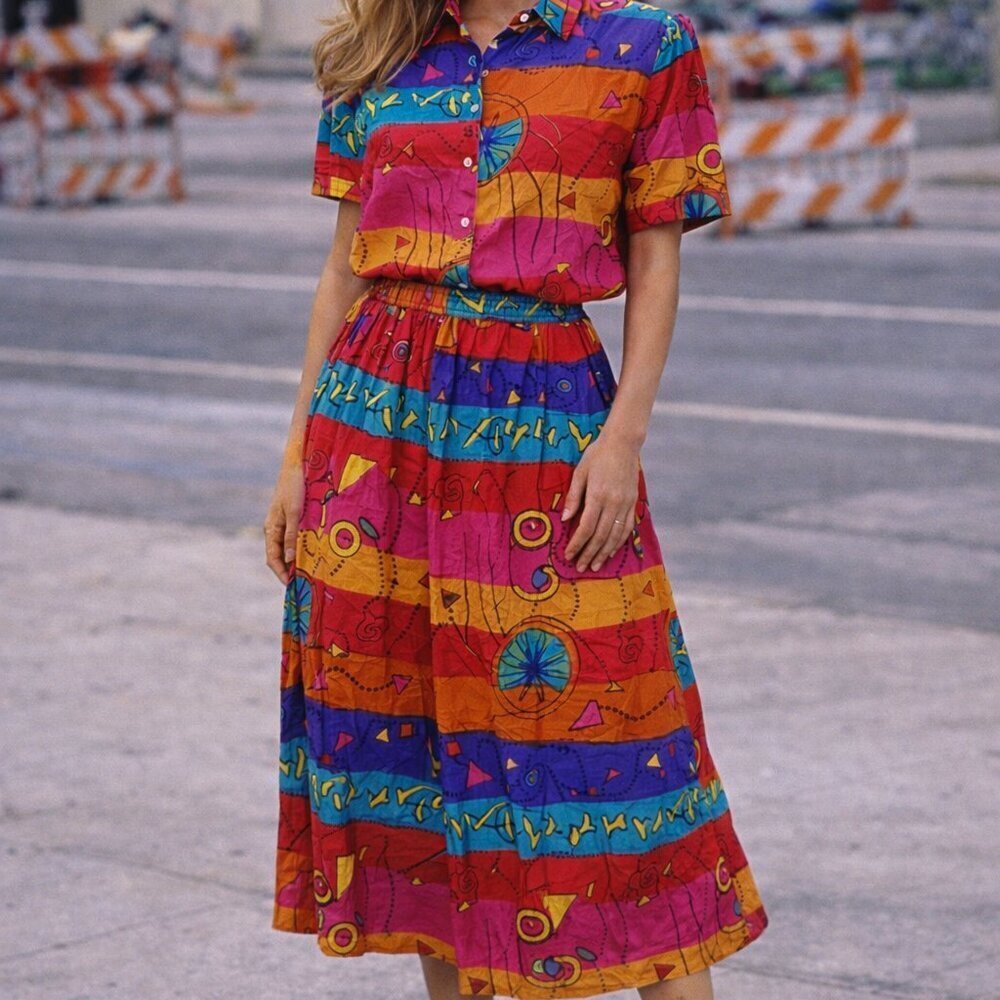 Vintage Avocado Brand Colorful Printed Skirt Set Medium